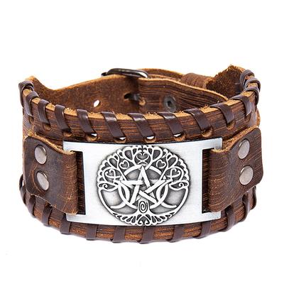 Viking Beş Uçlu Yıldız Yaşam Ağacı Erkek Deri Bileklik Punk Hakiki Deri Aksesuar Parti Takısı