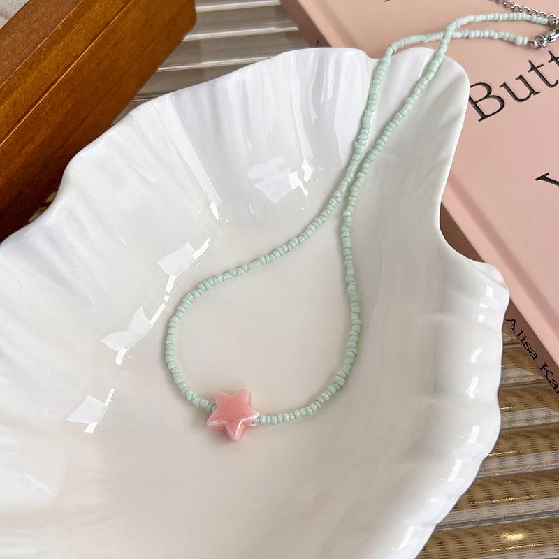 

Cute Fashion Colored Resin Beaded Five-pointed Star Baroque Imitation Pearl Heart Pendant Adjustable Necklace for Women Jewelry