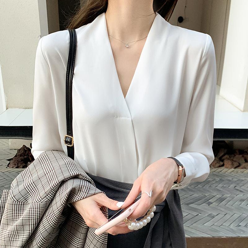 Fashion 2025 Spring Blouses Shirts Long Sleeve V-Neck Office Lady White Chiffon Blouse Shirt Women Tops J755