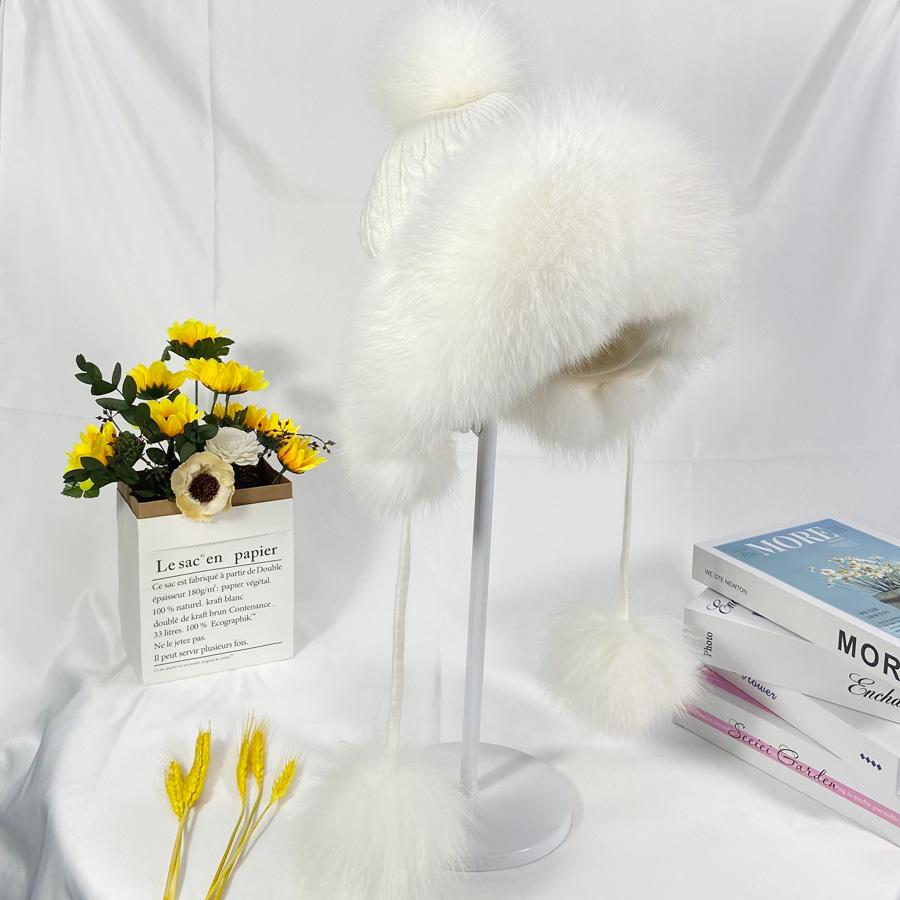 Winter Hats Women Natural Fox Fur Fuffy Warm Fashion Stylish Knitted Pompom Girls Fur Hat