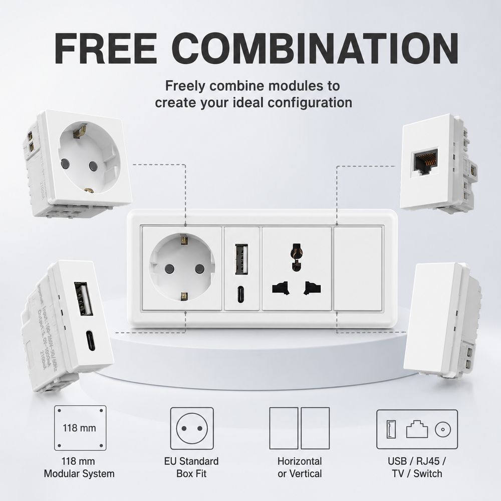 USB Modular Sockets And Switches EU French Socket Module  for EU Standard Wall Mount DIY