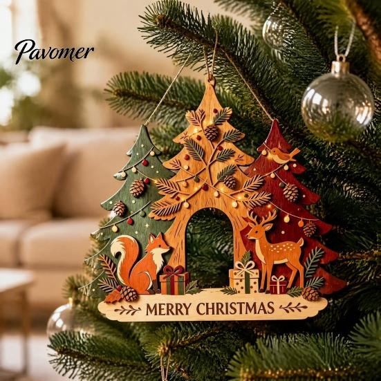 Christmas Front Entrance Sign Wooden Hanging Ornament, Multi-Layer Tree Wood Plaque Vintage Window Decor with Rope, Merry Festive Door Wall