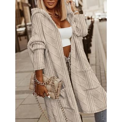 Cardigan Lung Casual cu Glugă și Buzunare pentru Femei - Bej, Gât Rotund, Mânecă Lungă, Modă Toamnă/Iarnă, Piesă pentru Suprapunere, Hanorac Tricotat