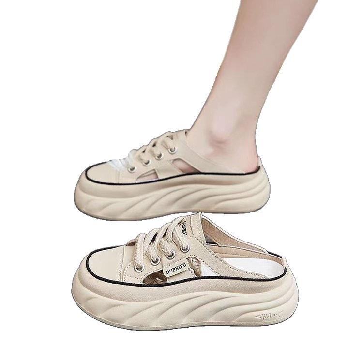Baotou slippers summer outer wear women's 2025 new breathable popular thick-soled white shoes lazy one pedal half slippers