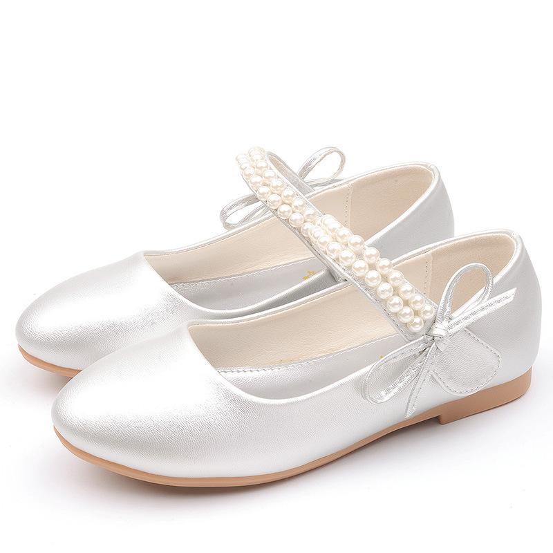 Spring New Girls Leather Shoes Children s Flat White Shoes Girls Flower Pearls Girls School Party Dress Shoes Boat Shoes 26(insole 16.1cm) серебряный