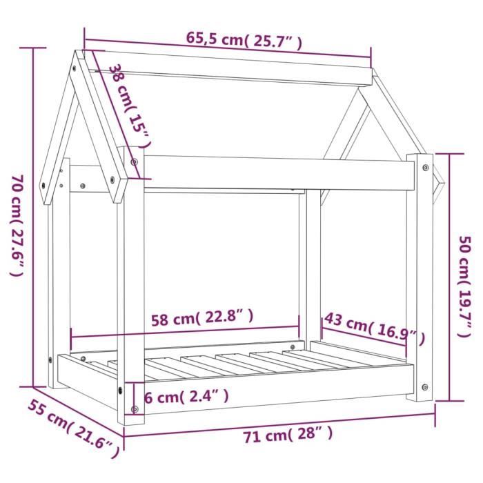 822204 vidaXL Lit pour chien Gris 71x55x70 cm Bois de pin solide