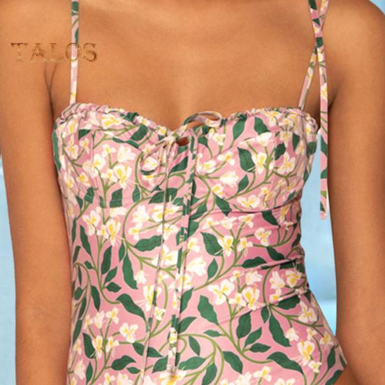 2Pcs/Set Women Swimsuit Set Sling Floral Print One-Piece Beach Cover Wrap Skirt Set for Beach Vacation Party
