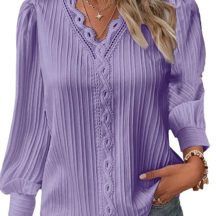 Women Fashion V Neck Blouse Long Sleeve Pullover Shirt Casual Solid Color Print Spring Fall Tops