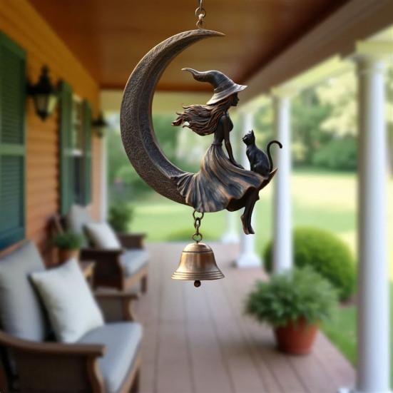 Witch Black Cat Moon Wind Chime Halloween Hanging Metal Wind Bell Ornament with Moon And Cat for Outside Patio Lawn Yard Pathway Garden Porch Decor