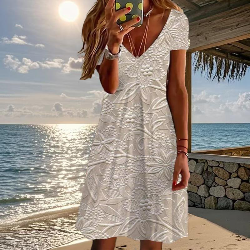 Summer Fashion Women's V Neck Short Sleeve Retro Printed  Dress Sex Short Skirt Dresses