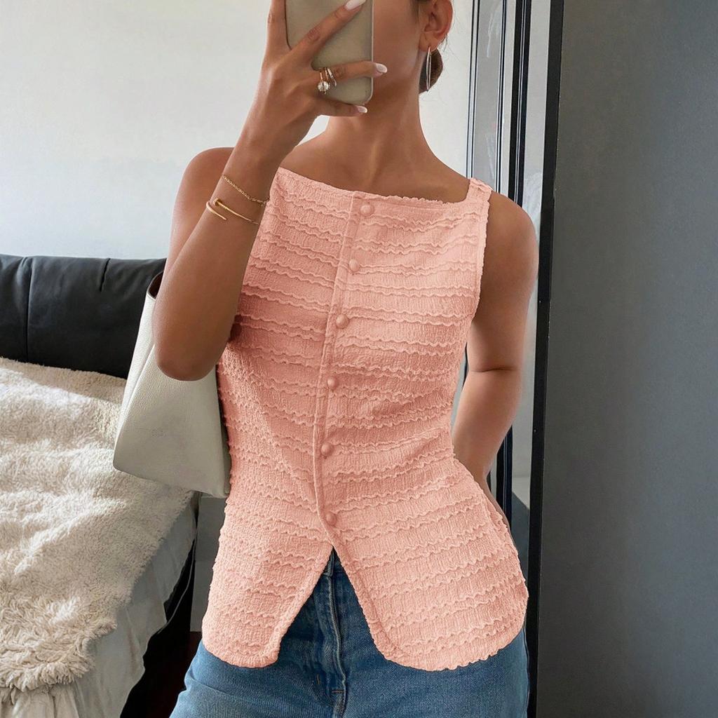 Top Colete Feminino Fashion Colorido de Botão Único Gola Redonda Sem Mangas Slim Fit
