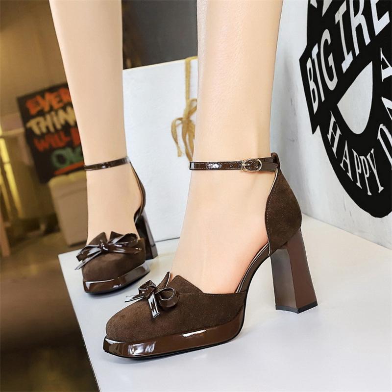 

Korean Version Of Hollow One-Button High Heel Sandals Thick Heels Waterproof Platform High Heels Square Toe Suede Women s Shoes 35