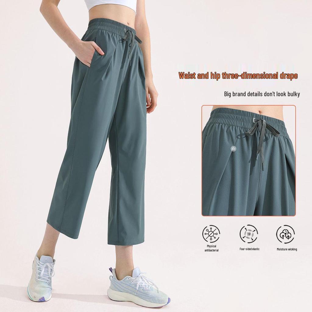 Women's Wide-Leg Yoga Pants - Petite Eight-Point Cool Draping Design for Relaxed Fit