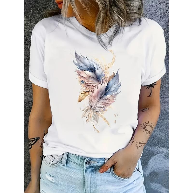 

Европейский размер Женская повседневная футболка с круглым вырезом и художественным дизайном - Летний топ с коротким рукавом S белый