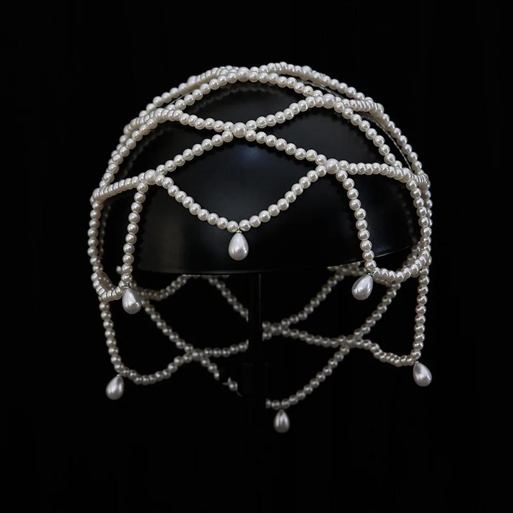 New Handmade Pearls Weave Hat Pearl Beaded Elegant Headwear Tassel Meshes Bride Headpiece Women