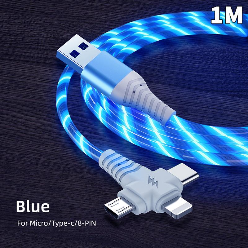 

3 In 1 Led Glow Flowing Charger Cable Luminous Lighting Fast Charging Micro Usb Type C 1 Meter Length For Photo Wire Cord 1M