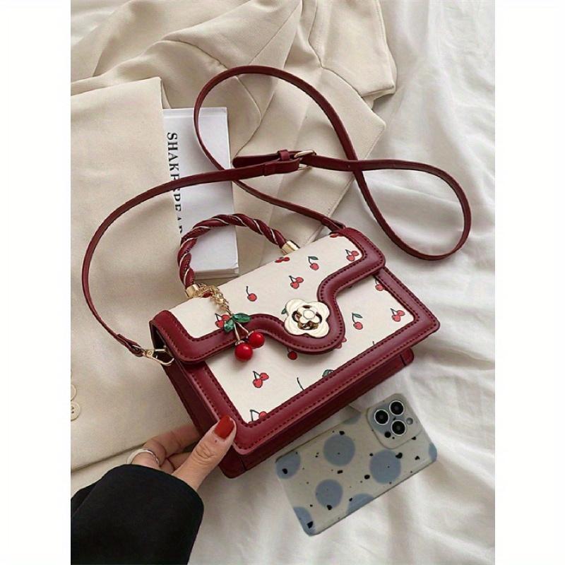 Fashionable High-End Pu Tote Bag With Versatile Square Shape And Cute Cherry Print, Perfect For Shopping, Dating Or Cross-Body For Girls