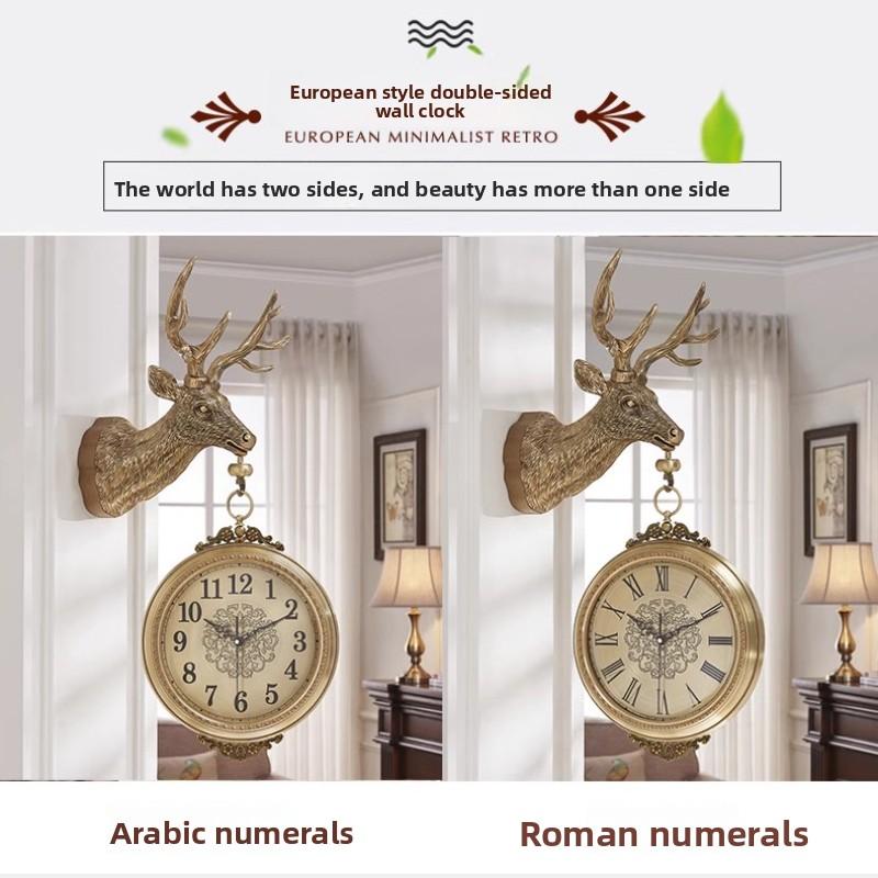 Retro Deer Head Double-Sided Hanging Clock Metal Dial And Mirrored Glass Clock Artistic Decoration In Guest Rooms Clock Watch