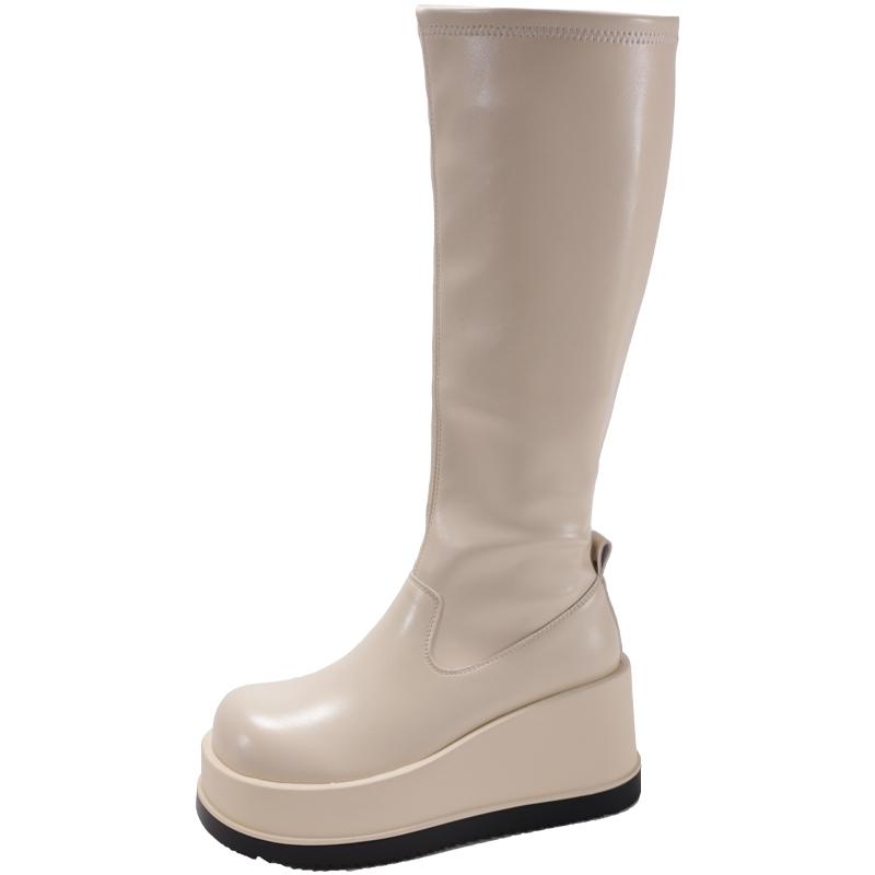 Punk Stil Plateau Keilabsatz Damen Kniehohe Stiefel Mode Slip On Höhenerhöhung Weibliche Ritter Stiefeletten