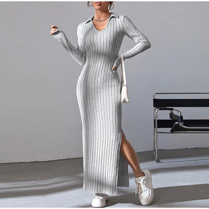 Women's Knit Dress Fall Casual Long Sleeve Lapel Collar Solid Color Bodycon Long Dresses Maxi for Female Going Out Streetwear