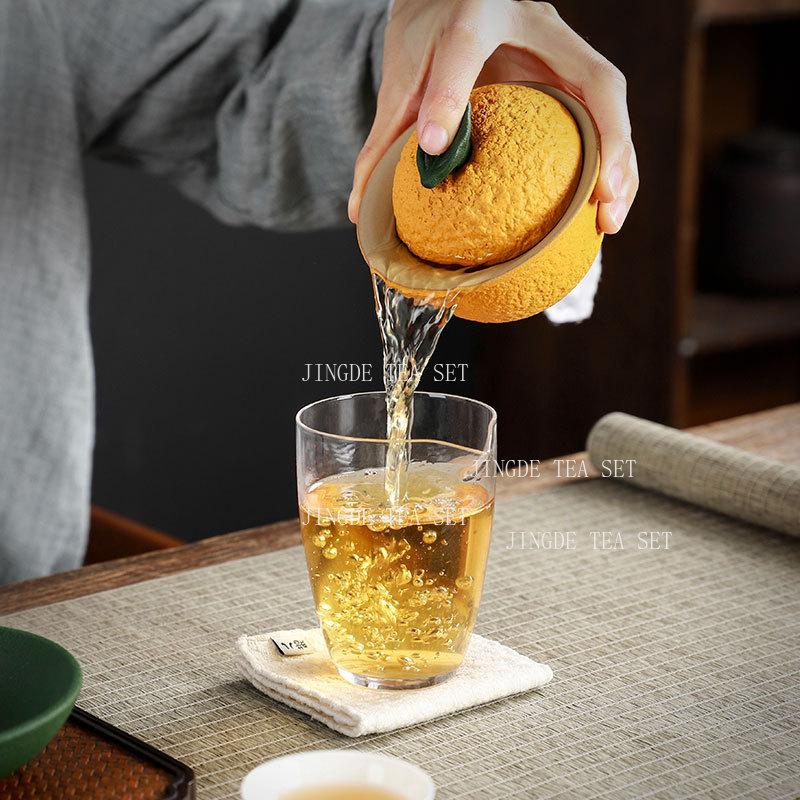 140ml Orange Three Talent Bowl Cover Household Chinese Style Tea Bowl with Lid Kung Fu Tea Tasting Cup Drinking Utensils