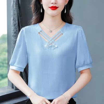 Women's Summer Solid Color Temperament Shirt Loose Design Embroidery Top