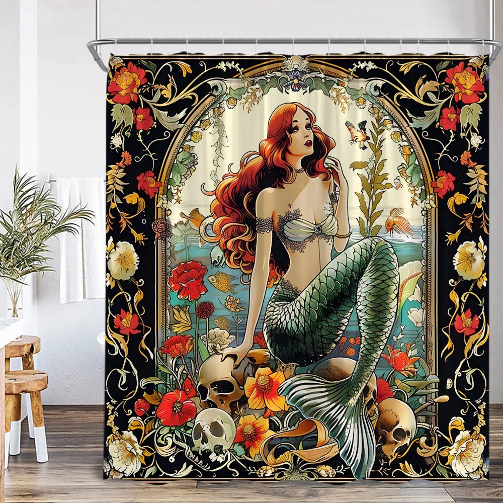 Mermaid Shower Curtain Beautiful Merpeople Scale Flower Beauty Vintage Bath Curtain Woman Girl Polyester Bath Curtain with Hook