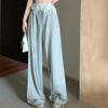 Women's Autumn Gray Sweet Spicy Style Straight-Leg Joggers - Lace Paneled High-Waist Vintage Floor-Length Wide-Leg Casual Pants