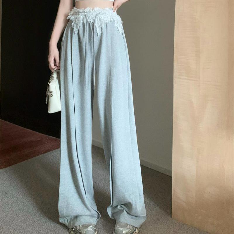 Women's Autumn Gray Sweet Spicy Style Straight-Leg Joggers - Lace Paneled High-Waist Vintage Floor-Length Wide-Leg Casual Pants