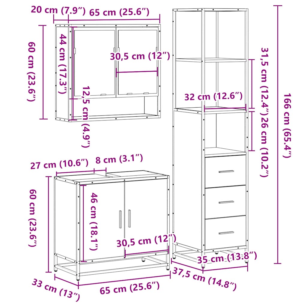 3 Piece Bathroom Furniture Set in Sonoma Oak Particleboard