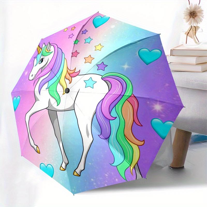 Einhorn Fantasy Automatischer Klappschirm Einfaches 8-Rippen-Design, Helles Cartoon-Muster, Langlebiger Eisenrahmen, Geeignet Für Reisen, Outdoor, B