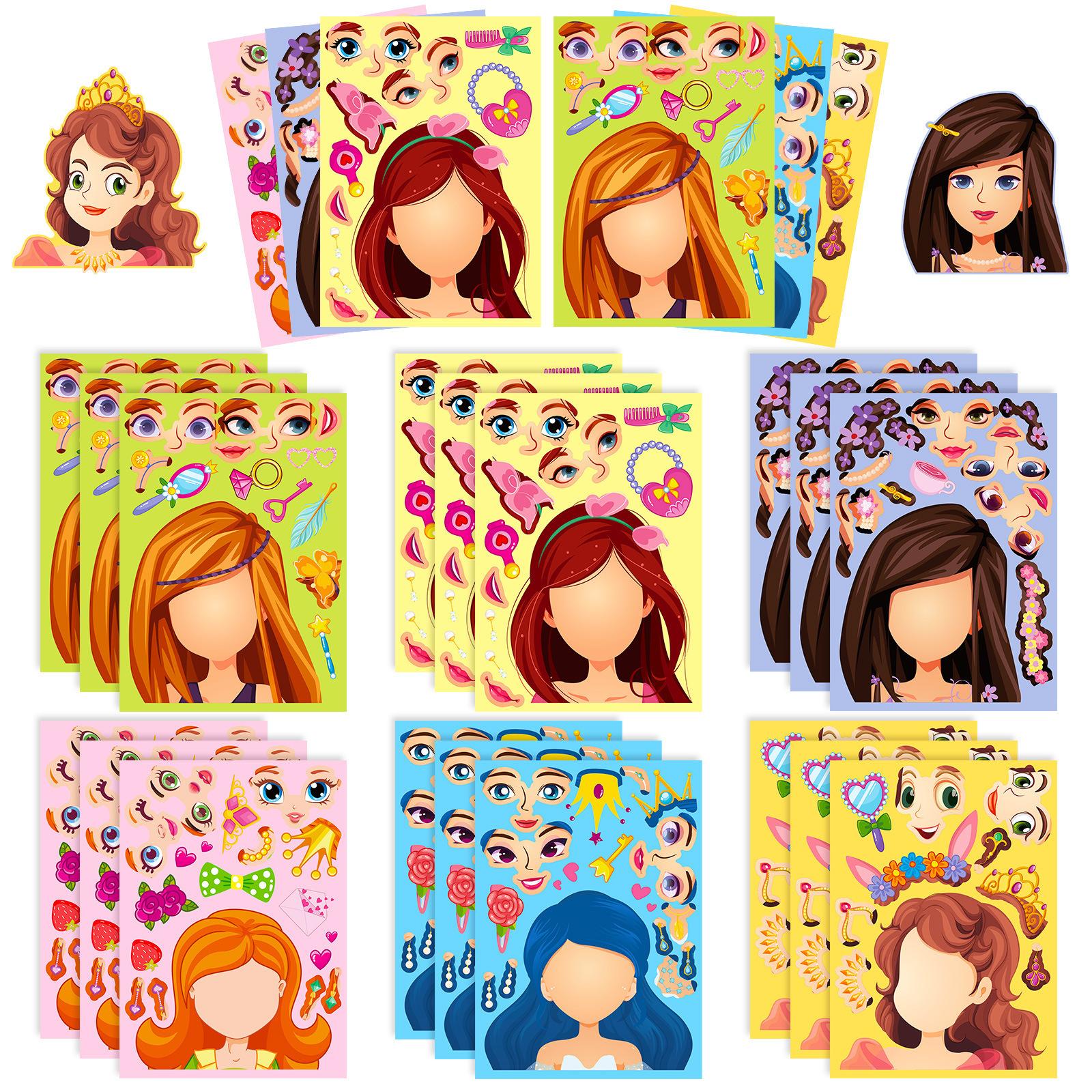 

6 Photos/package of Blue Princess Face Swap Cartoon Parent-child Interactive Puzzle Handbook DIY Puzzle Stickers