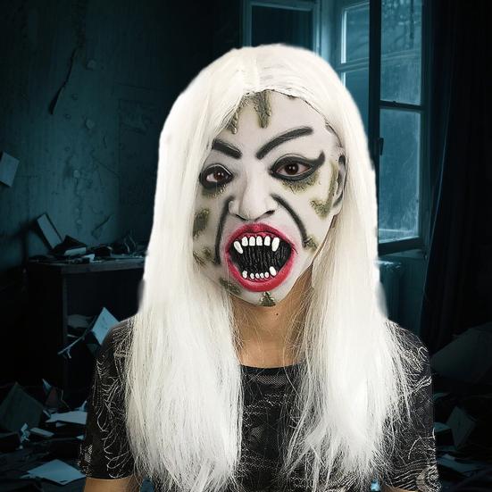 Halloween Horror Grimace Ghost Masque Scary Full Head Latex Zombie Masque with Hair Creepy Halloween Party Cosplay Costume