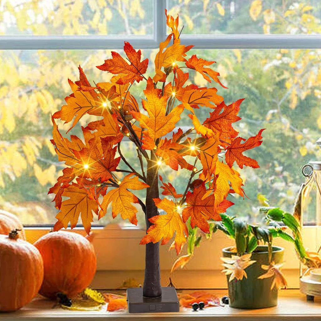 Dazzle Bright 2 Pack 24 Inch Lighted Thanksgiving Fall Maple Tree Decor, 24 LED Battery Operated Decorations Artificial Tree with Timer for Indoor
