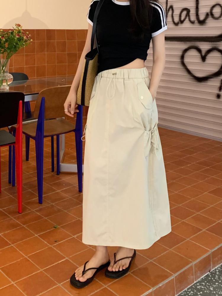 Chic Drawstring Pocket Design Cargo Skirt Women Summer Retro High Waist Gyaru Split Long Skirts Harajuku Fashion Streetwear New