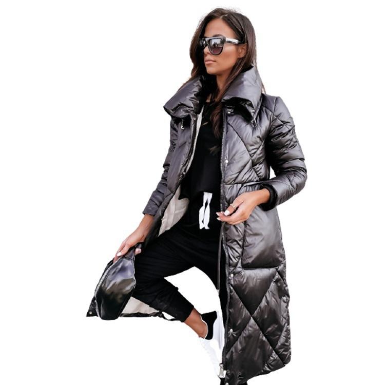 Women's Long Down Coat with Diamond Quilting, Stand Collar, Multiple Colors