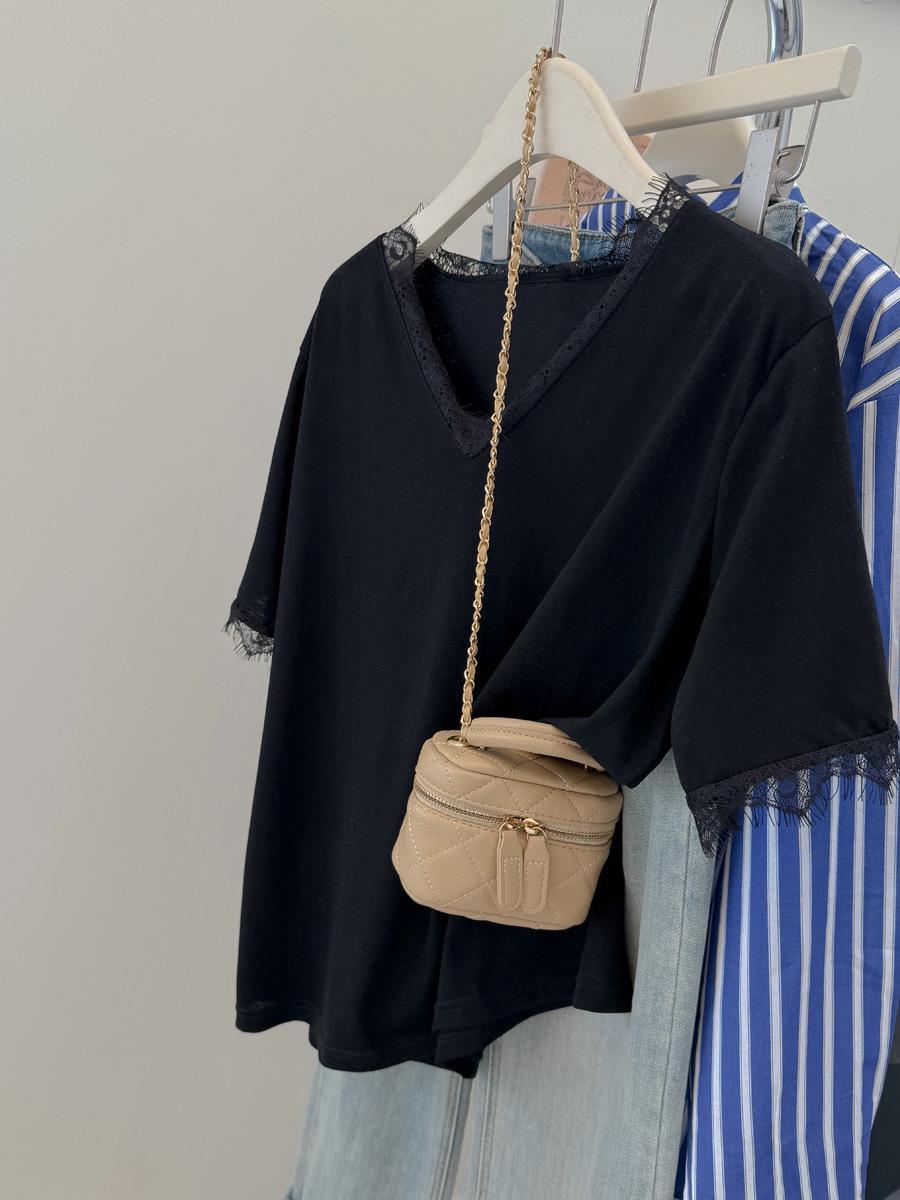 

Женская футболка с кружевной отделкой, балетным V-образным вырезом, коротким рукавом, свободного кроя - Летний корейский стиль Small чёрный