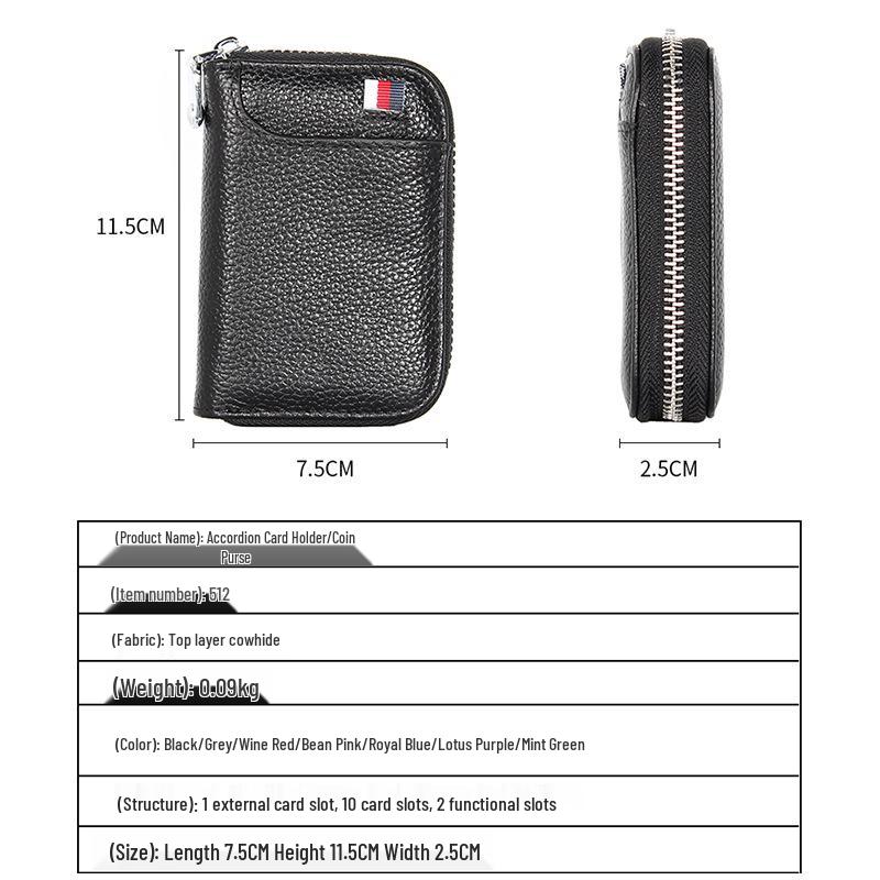 Top Grain Cowhide Anti-RFID Accordion Leather Card Holder with Multi-Card Slots