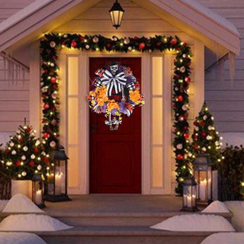 Holiday Decorations Horror Party Outdoor Decorations Halloween Skull Door Hanging Simulation Flower Wreath