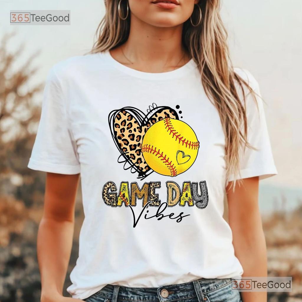 Bleached Softball Mom Shirt, Leopard Heart Game Day Vibes T-shirt For Women