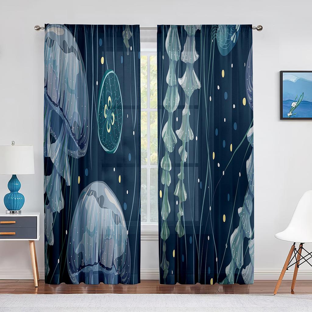 Jellyfish In The Deep Ocean Window Tulle Curtains Foamy Dreamy Blue Ocean Sheer Voile Curtain for Living Room Bedroom Decoration