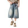 Summer Washed Printed Worn Tide Cropped Pants Loose Female Stars Old Casual Pants Denim Shorts Men Retro