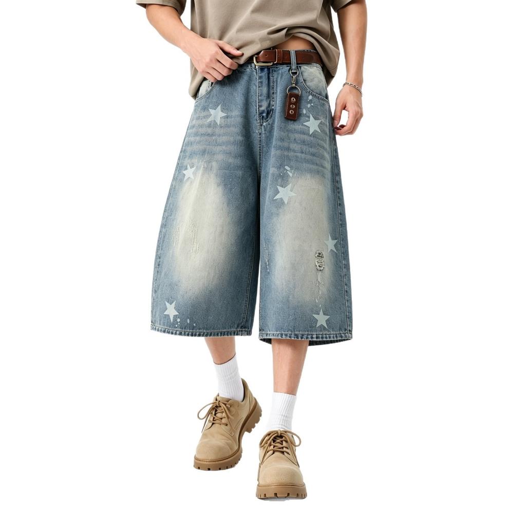 Summer Washed Printed Worn Tide Cropped Pants Loose Female Stars Old Casual Pants Denim Shorts Men Retro