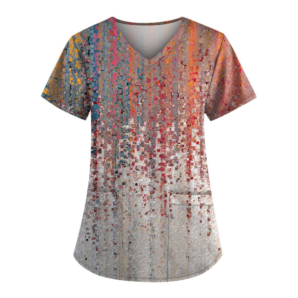 Plus Size niedlich bedruckte Peeling-Arbeitsuniform-Oberteile für Damen, V-Ausschnitt, kurze Ärmel, lustige T-Shirts, Arbeitskleidung, T-Shirt mit Taschen