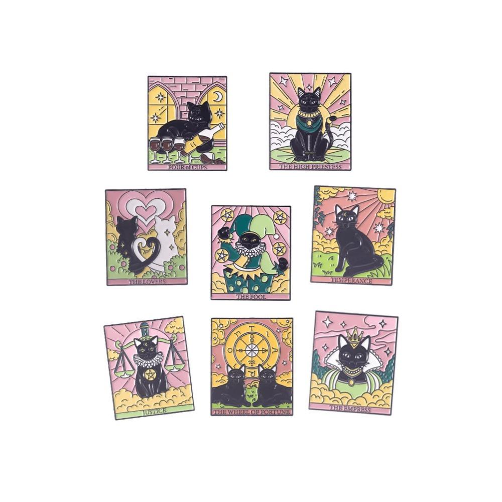 

8 pieces of women s creative Tarot brand dark cat series metal badges for daily wear, bags, accessories, and brooches