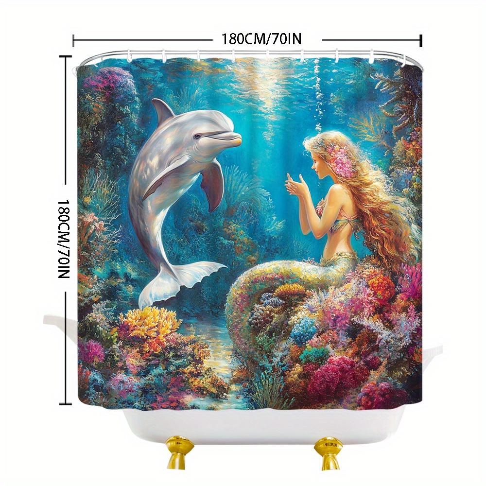 Mermaid & Dolphin Shower Curtain - Vibrant Coral Reef, Ethereal Ocean Scene, Graceful Mermaid & Playful Dolphin,
