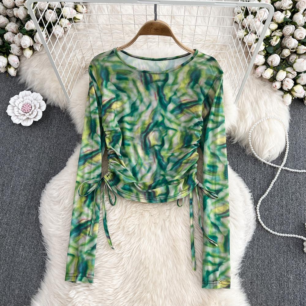 

Осенняя корейская версия новой сетки с круглым вырезом и принтом тай-дай, тонкий солнцезащитный крем, короткий топ с длинными рукавами