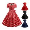 Women Dress Square Neck Short Sleeve Vintage Style 1950s A-line Big Hem Button Decor Dot Print Color Matching Mid Waist Belted Bow Decor