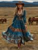 2026 Women's Spring/Summer V-Neck Long Sleeve Dress with Creative Pattern Background