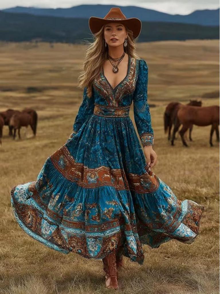 2026 Women's Spring/Summer V-Neck Long Sleeve Dress with Creative Pattern Background